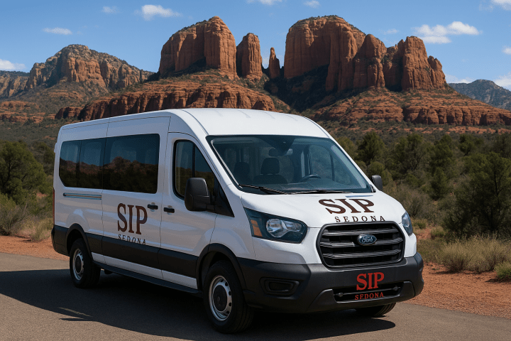 White van labeled 'SIP Sedona' in front of red rock formations and blue sky.