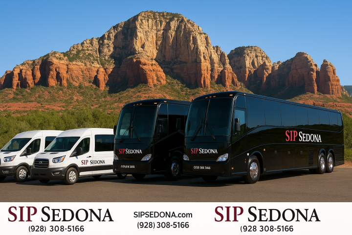 Tour buses with 'SIP Sedona' logo parked in front of red rock mountains under a clear blue sky.