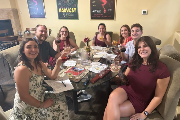 Group of seven people smiling and holding drinks around a table inside a cozy room.