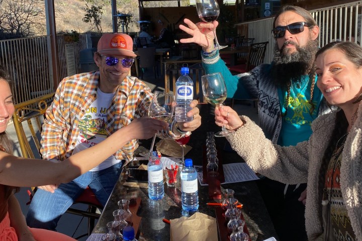 Group of four people toasting with drinks outdoors at a table.