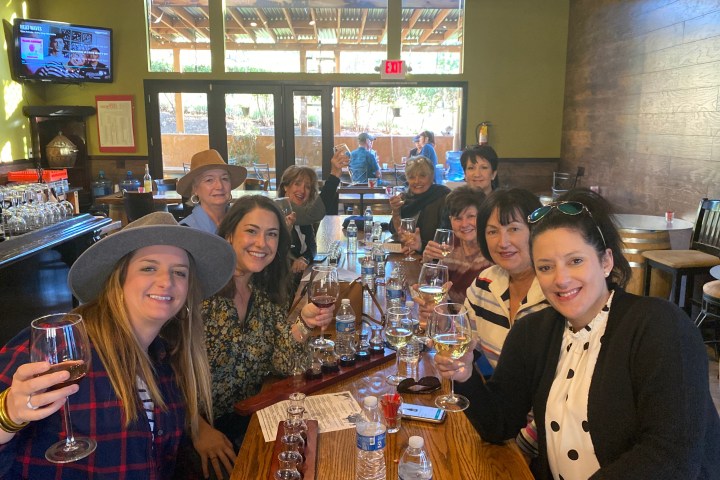Group of people at a restaurant table holding wine glasses and smiling.