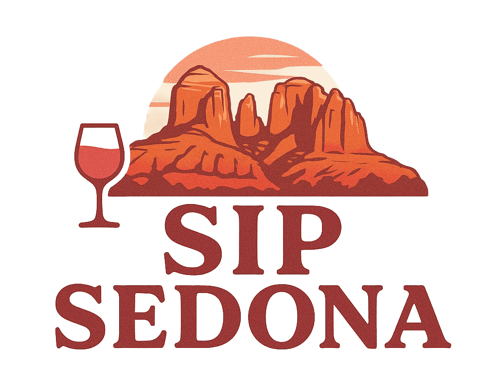Logo with red rock formations, wine glass, and 'Sip Sedona' text.