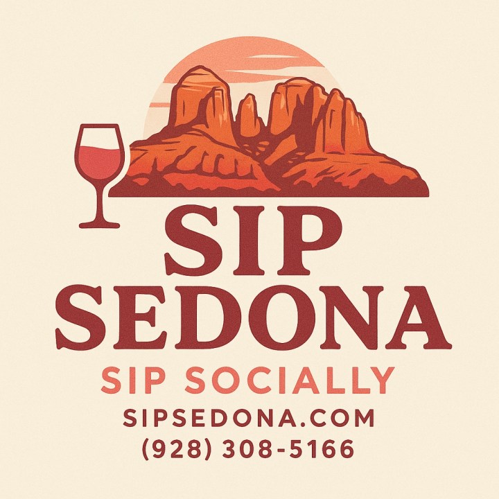 Illustration of Sedona rocks with text 'SIP SEDONA', a wine glass, and contact info.