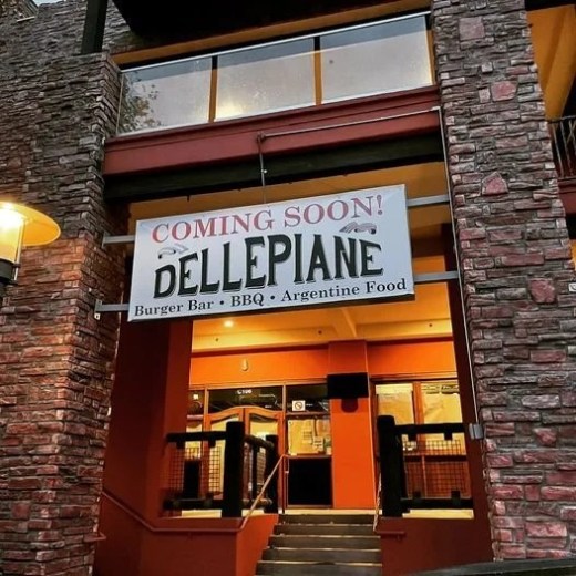 Sign for 'BELLEPIANE' restaurant, offering burger bar, BBQ, Argentine food, with 'Coming Soon' text.