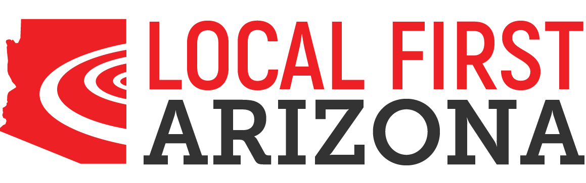 Red Arizona outline with text 'Local First Arizona' in red and black.