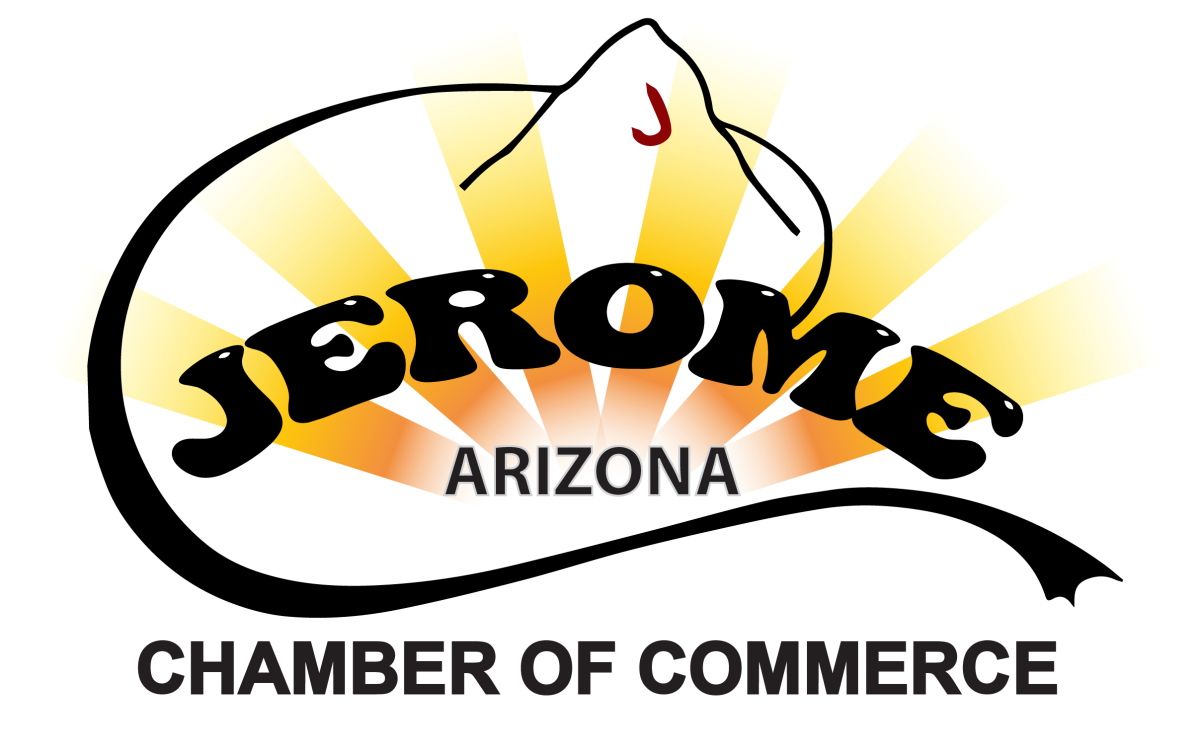 Jerome Arizona logo with sunburst background and script text.