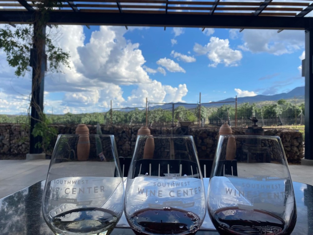 Three wine glasses on a table with a vineyard and cloudy sky in the background.