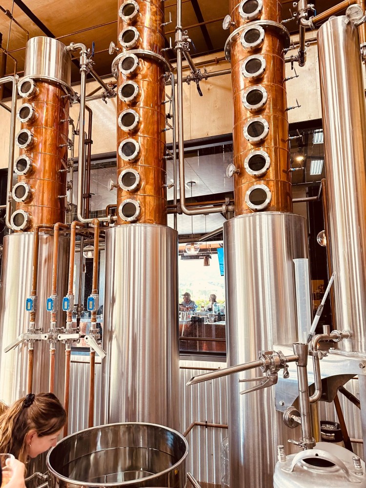 Copper and stainless steel distillation columns in a distillery with a person observing.