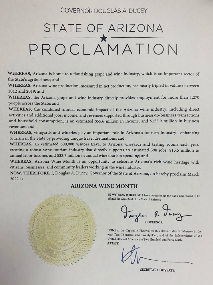 Arizona proclamation declaring March 2022 as Arizona Wine Month, signed by Governor Doug Ducey.