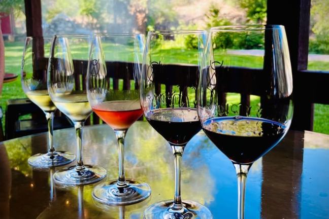 Five wine glasses with different wines on a table overlooking a green landscape.